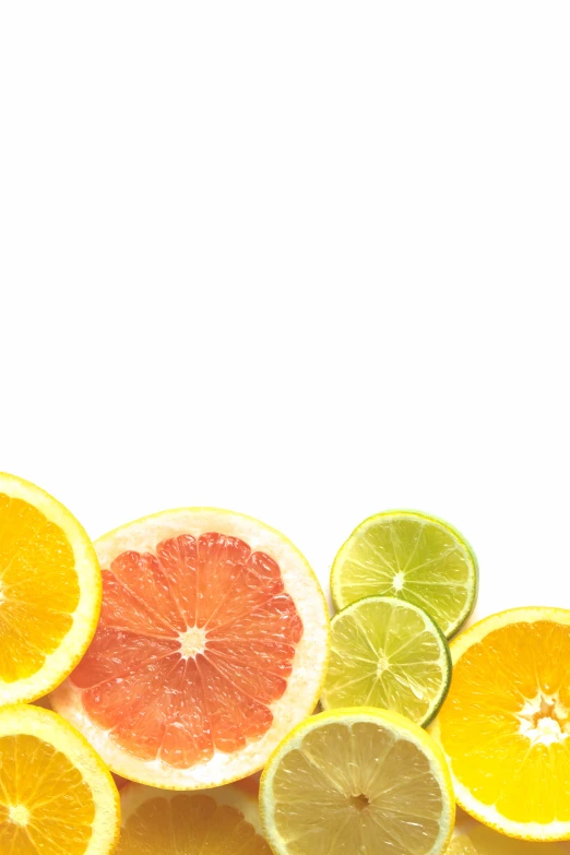 sliced oranges are on a white background with one slice in the foreground