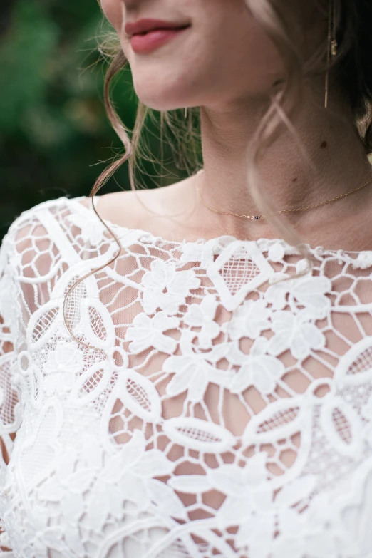 a close up po of the back of a woman wearing a white dress