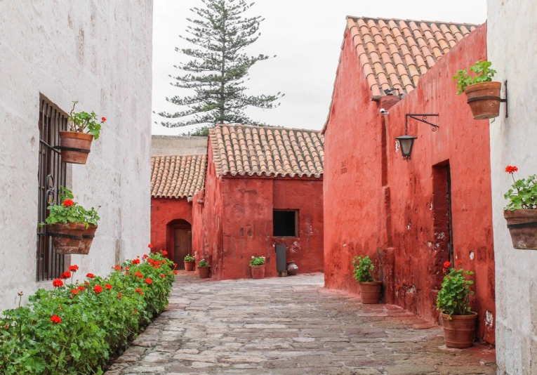 a small courtyard with plants and a red brick wall