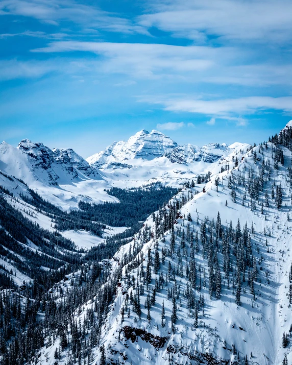 mountains covered in snow surrounded by snow and trees