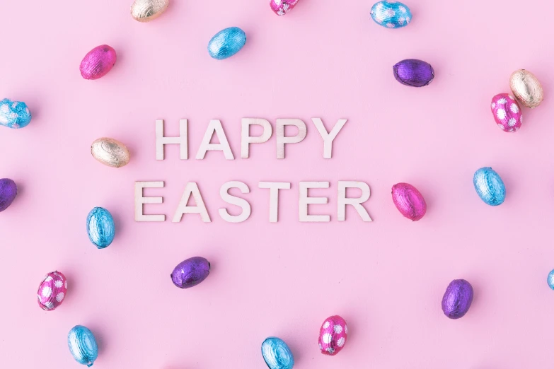an image of the word happy easter surrounded by many colorful eggs