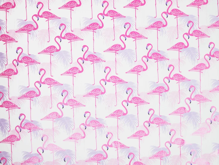 pink flamingos and palm leaves on white cotton