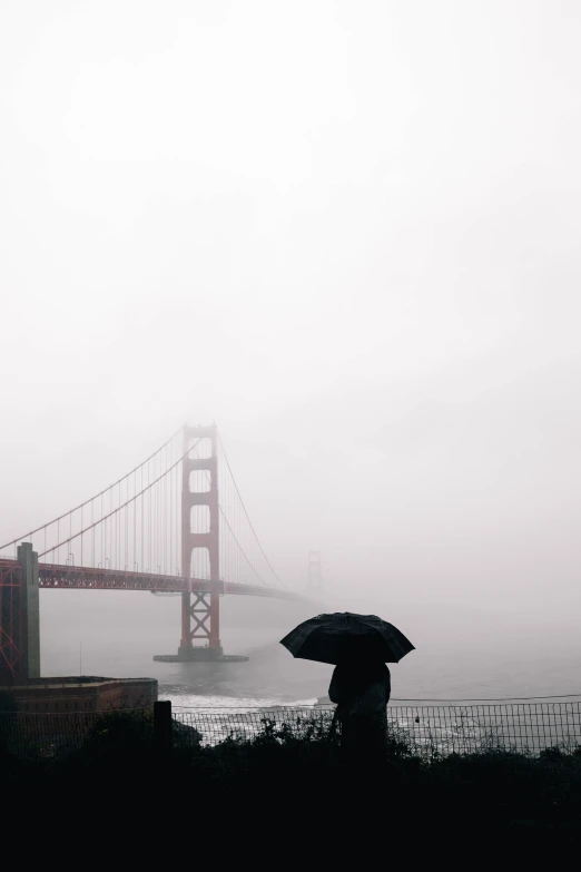 woman with umbrella walking across a foggy bridge