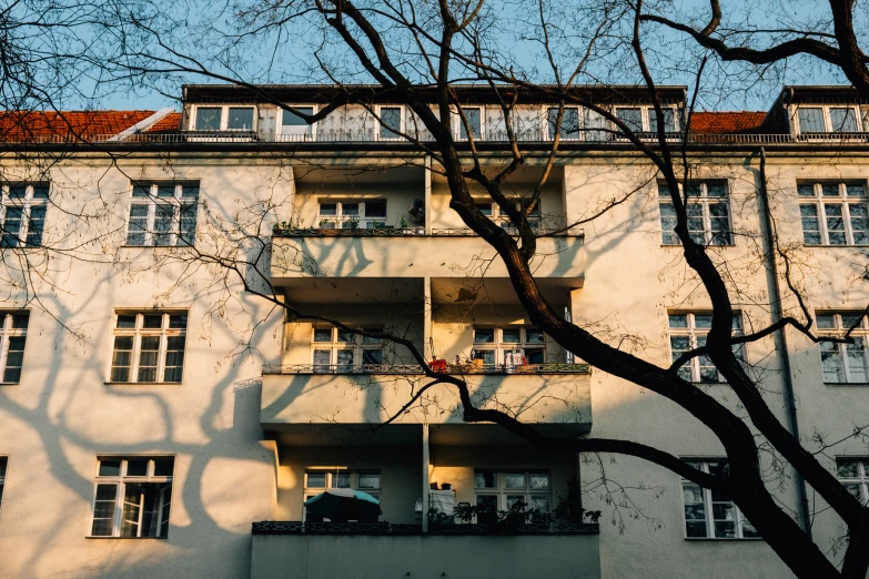 tall building with balconies and many windows near a tree