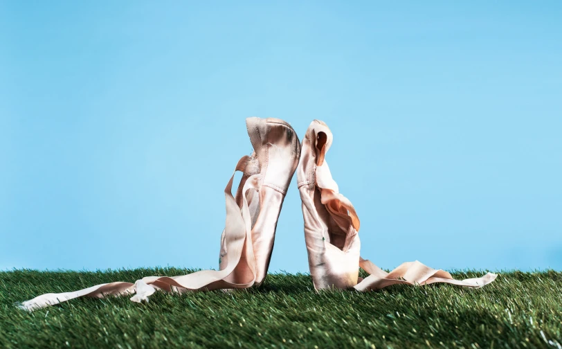 two large shoes covered in grass and one is on the ground