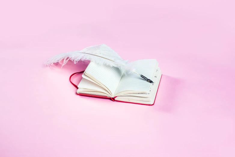 a closed notebook on a pink surface with torn paper