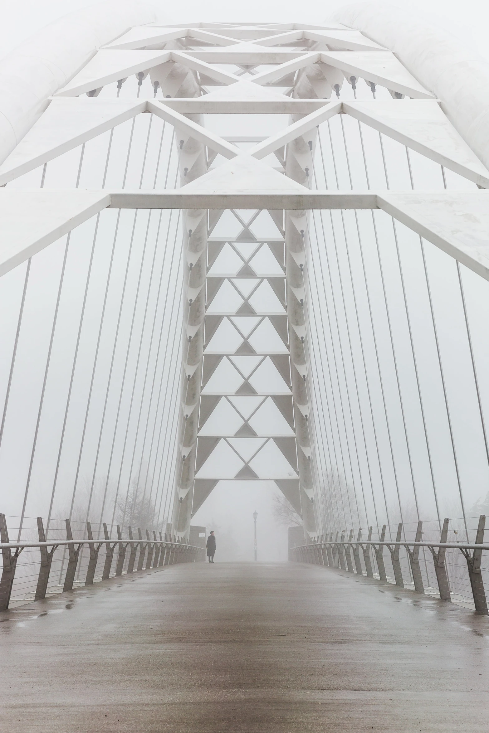 two people are walking on a bridge in the fog