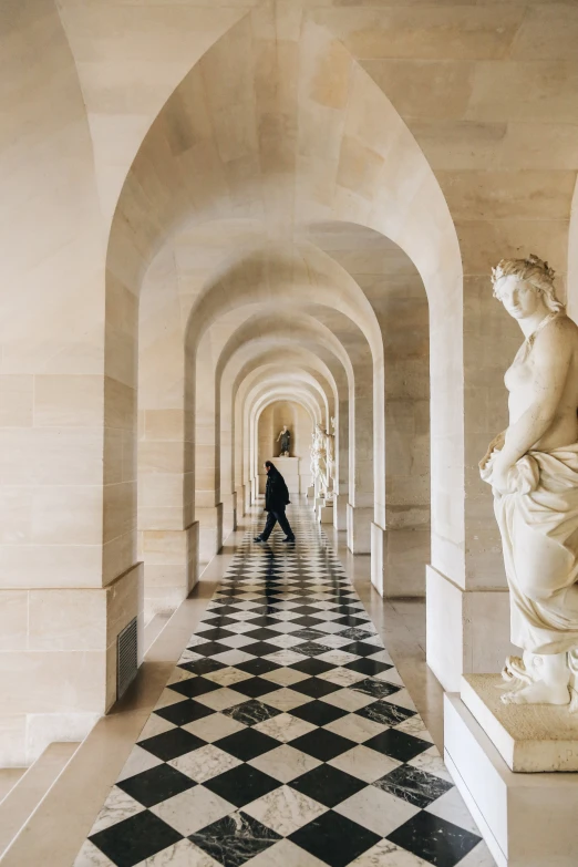 man in black and white outfit standing in corridor near statues