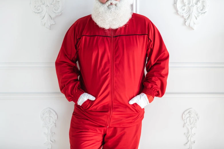 a man wearing a santa outfit with beard and moustache