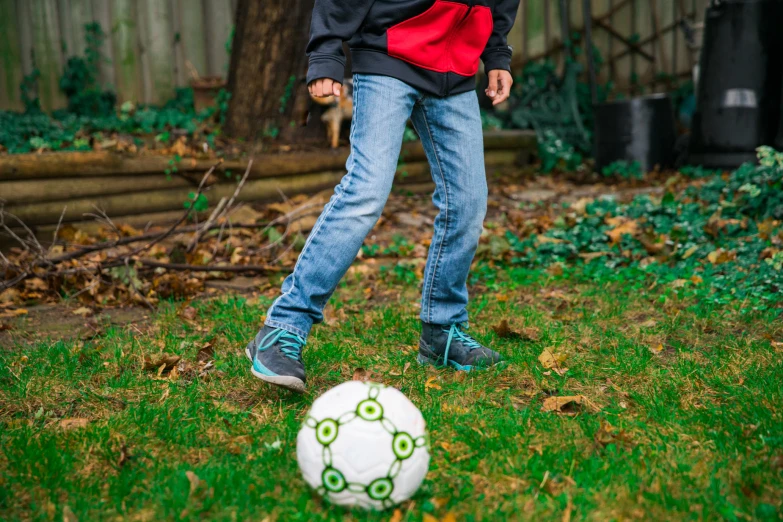 someone kicks a soccer ball in a backyard