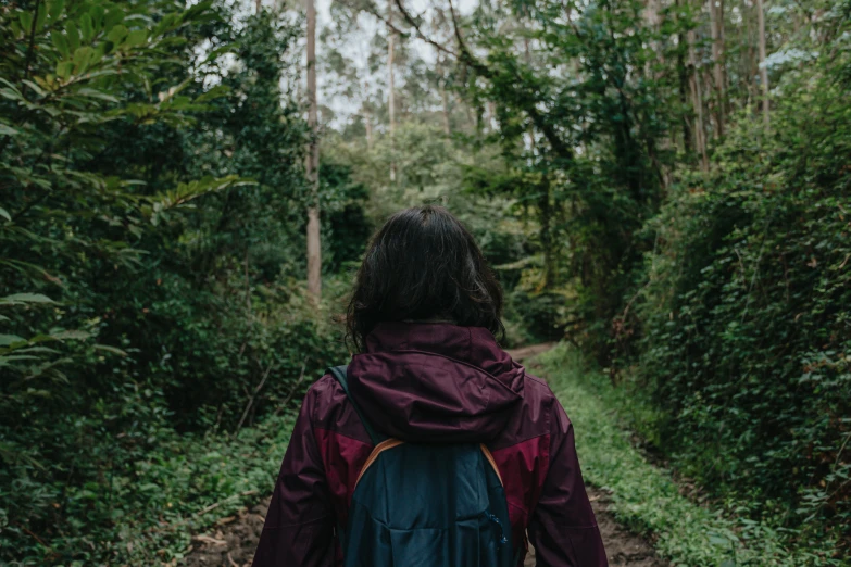 a person is walking down a trail that is covered in green vegetation