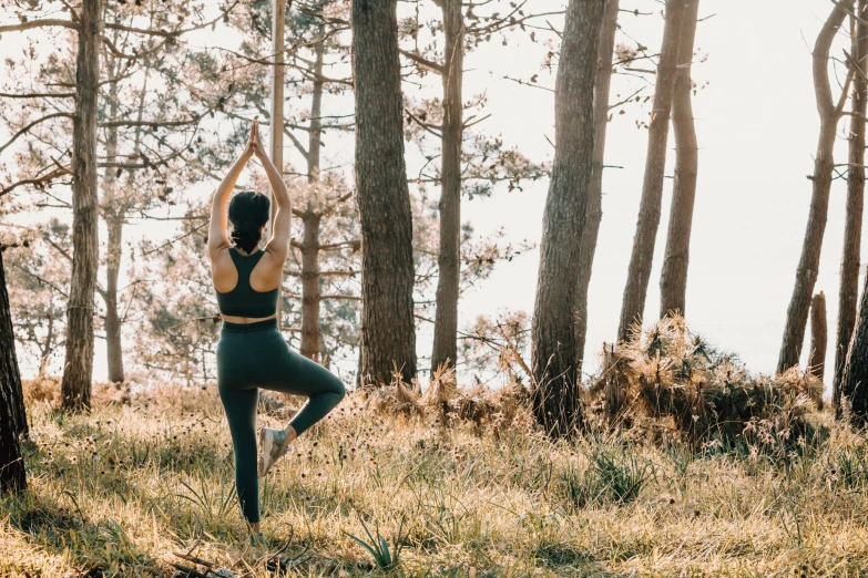 woman doing yoga in the forest, rear view