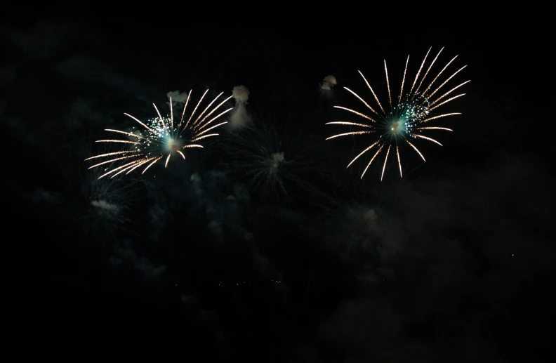 two brightly lit fireworks in the dark night sky