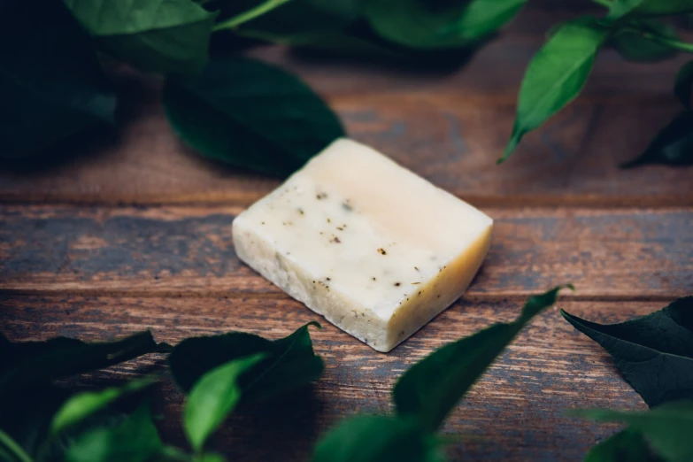 the bars of soap are next to leaves