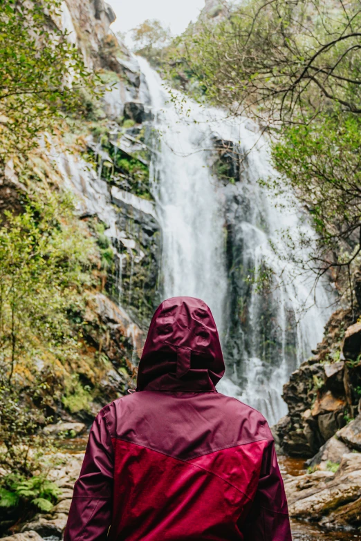 the person in red and red jacket is standing in front of a waterfall