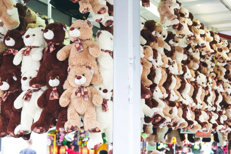 various brown and white teddy bears hanging from racks