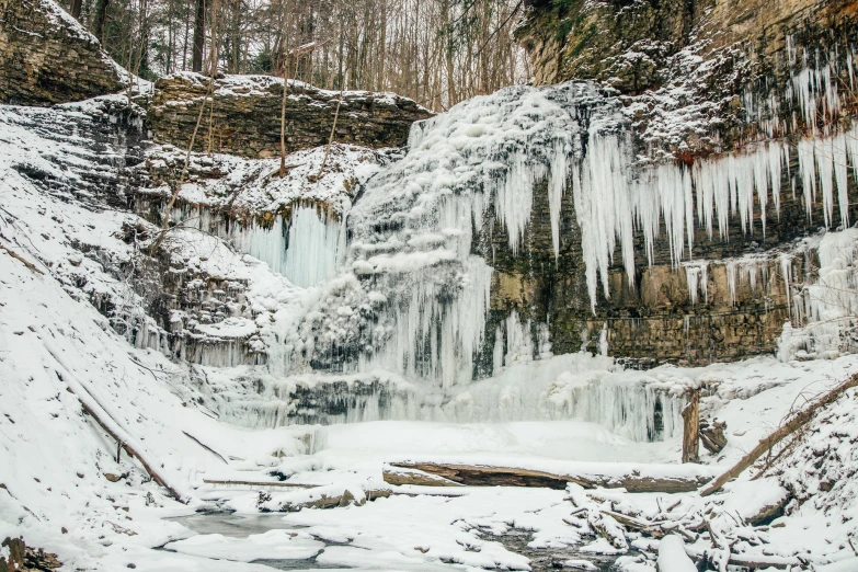 a waterfall surrounded by ice and icicles near a forest