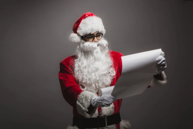 the santa claus is reading a sheet of paper