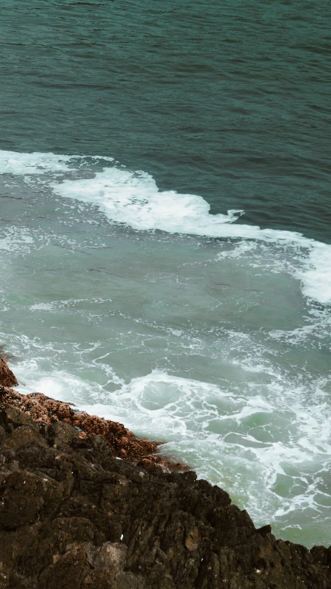 two birds sitting on top of a large rock by the ocean