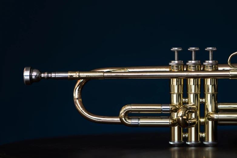 a shiny, ss - plated trumpet stands on a dark surface