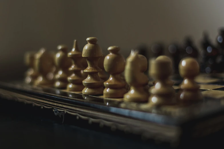 a wooden chess board has many pieces in it