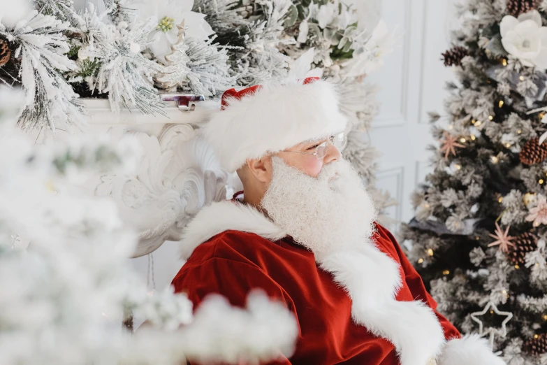 santa clause with a white beard looking away from camera