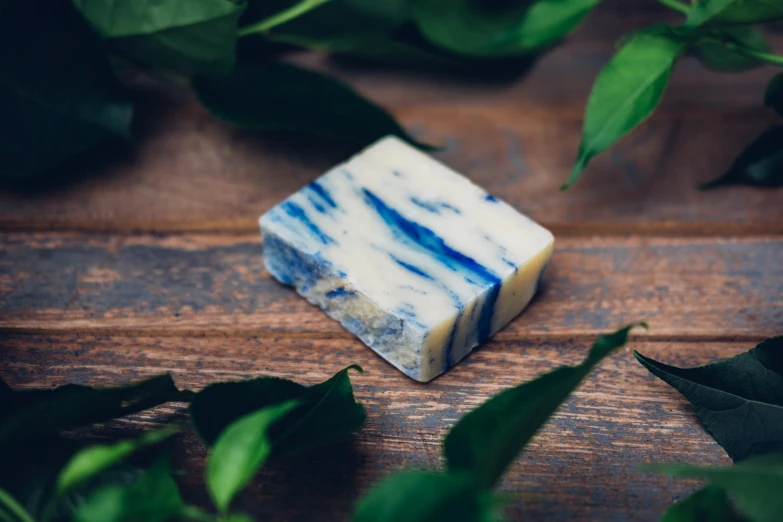 a blue and white bar of soap sitting on top of leaves