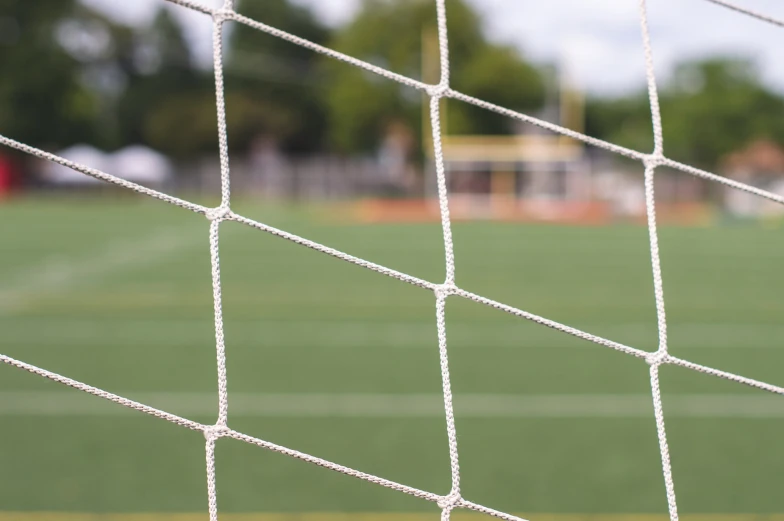 a green field and a goal post covered with white rope