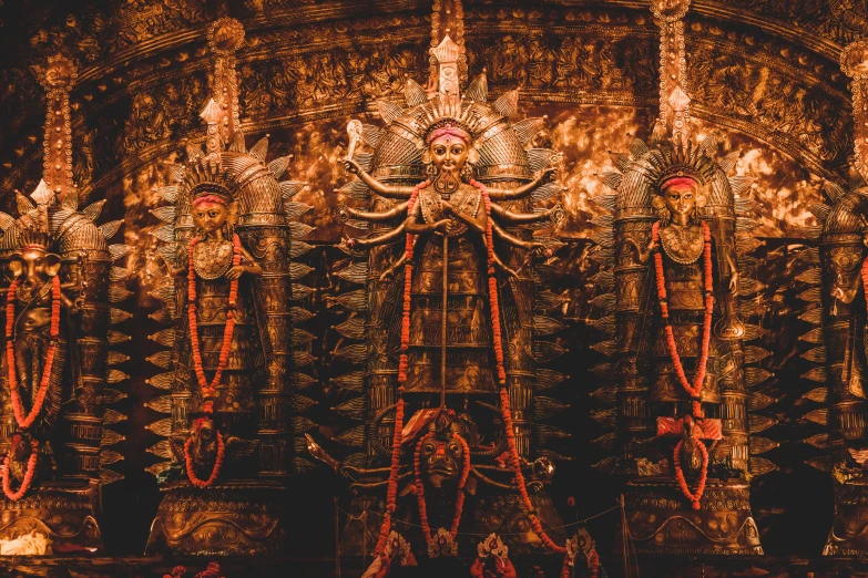 a large ornate, gold and red chandelier