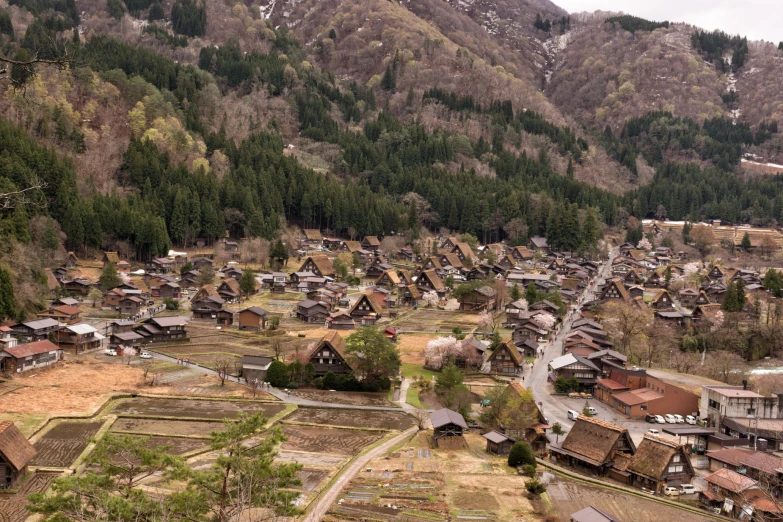 a bird's eye view of an old village with mountains in the background