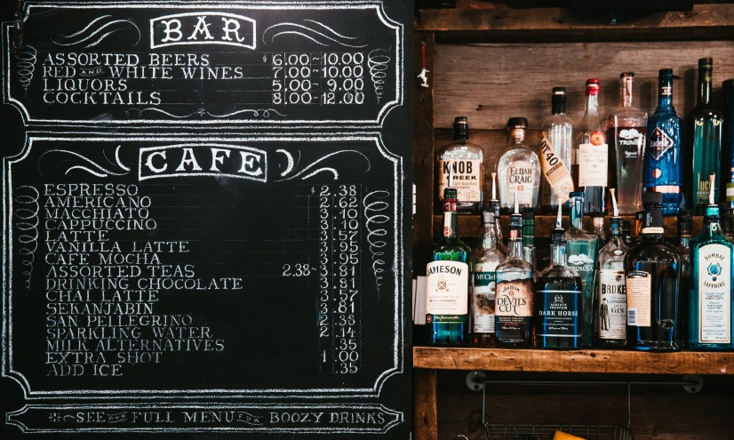 the back wall of a bar with a black board menu