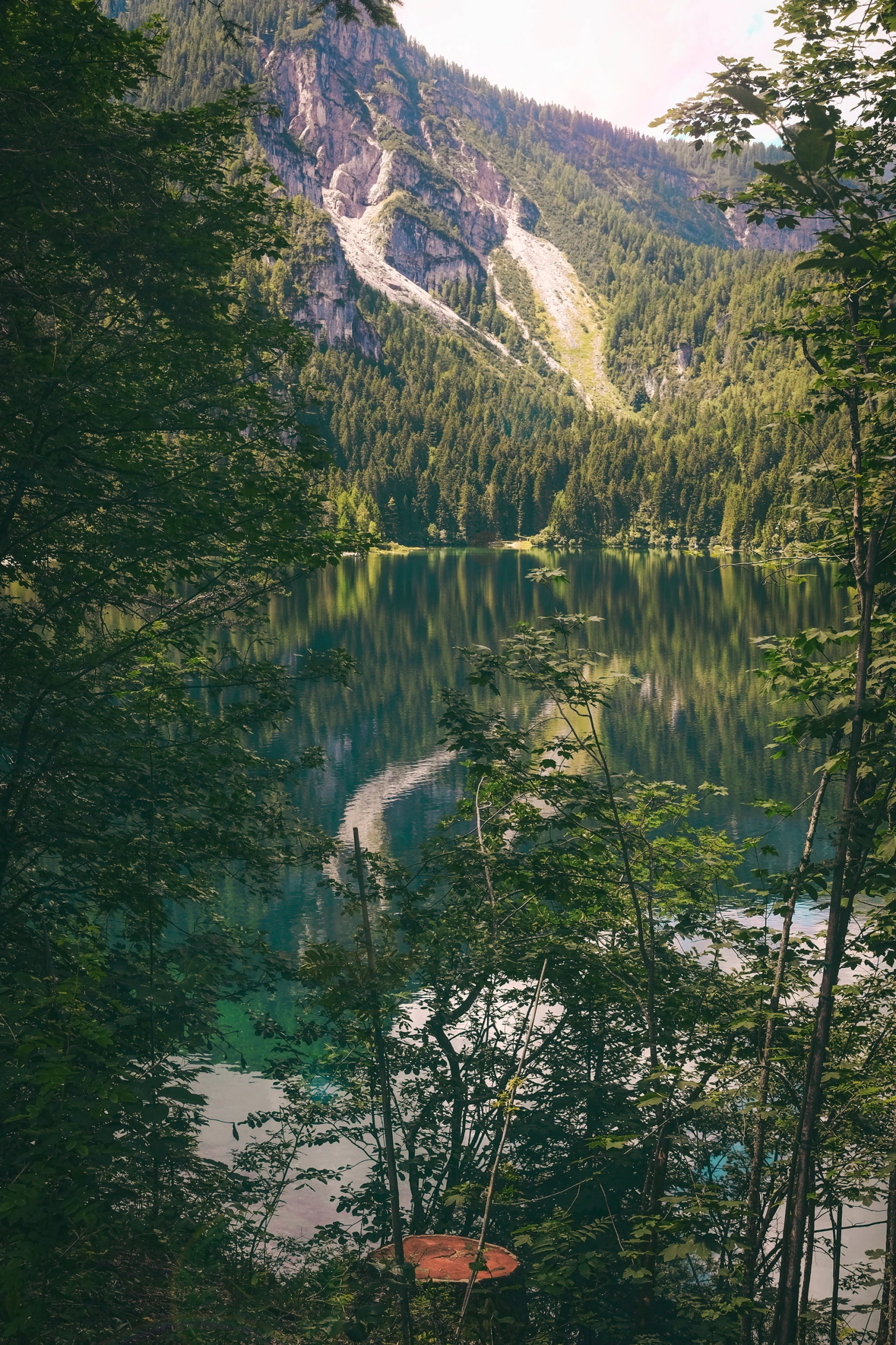 a mountain has a pond and some trees