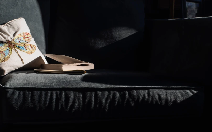 a pillow with a book on a black couch