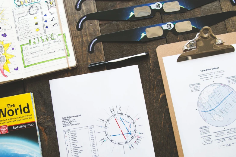 a clipboard has drawings of planes on it and a notebook