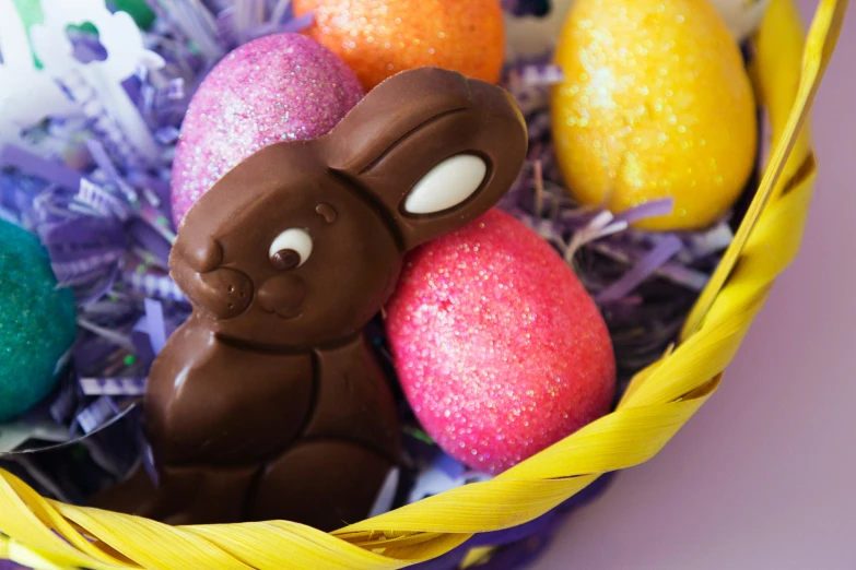 there are many colored chocolate eggs in a yellow basket