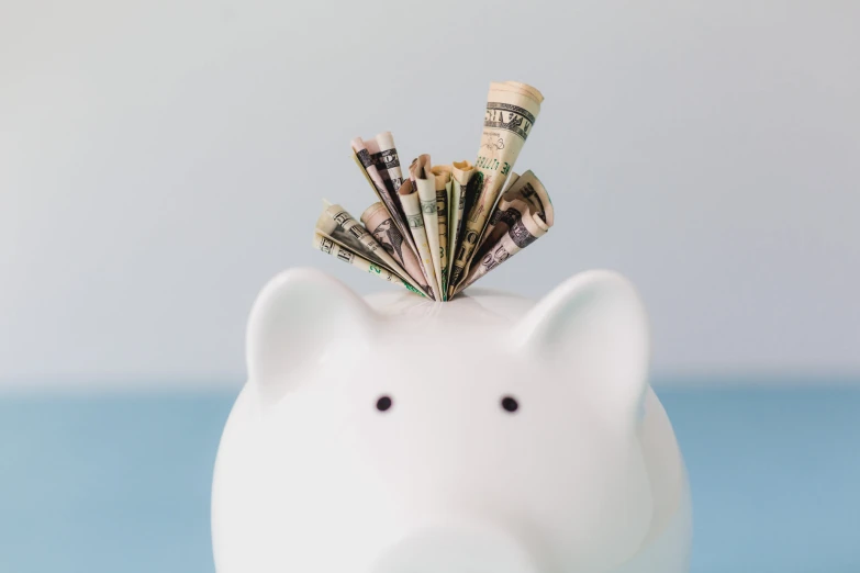 some bank notes sticking out of a piggy bank