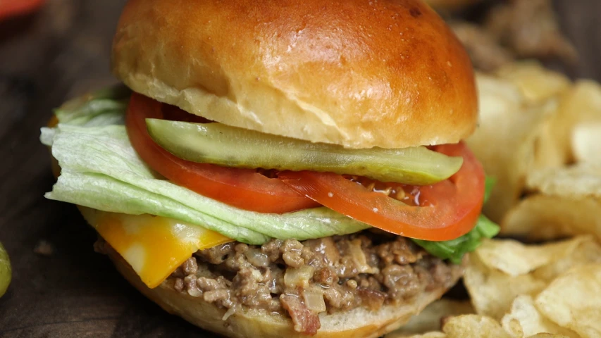 a hamburger sitting on top of a wooden table