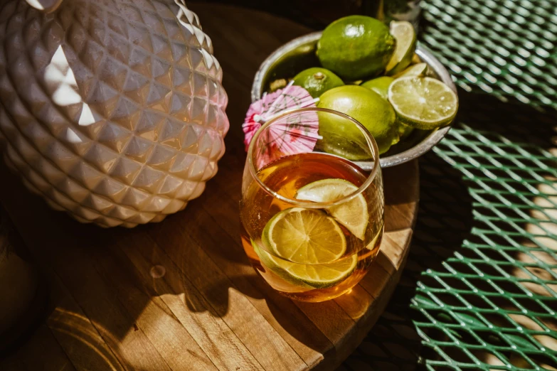 fruit and drink items are shown on the table