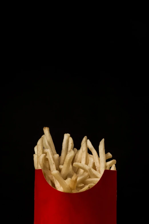 french fries are in the red pouch on the table