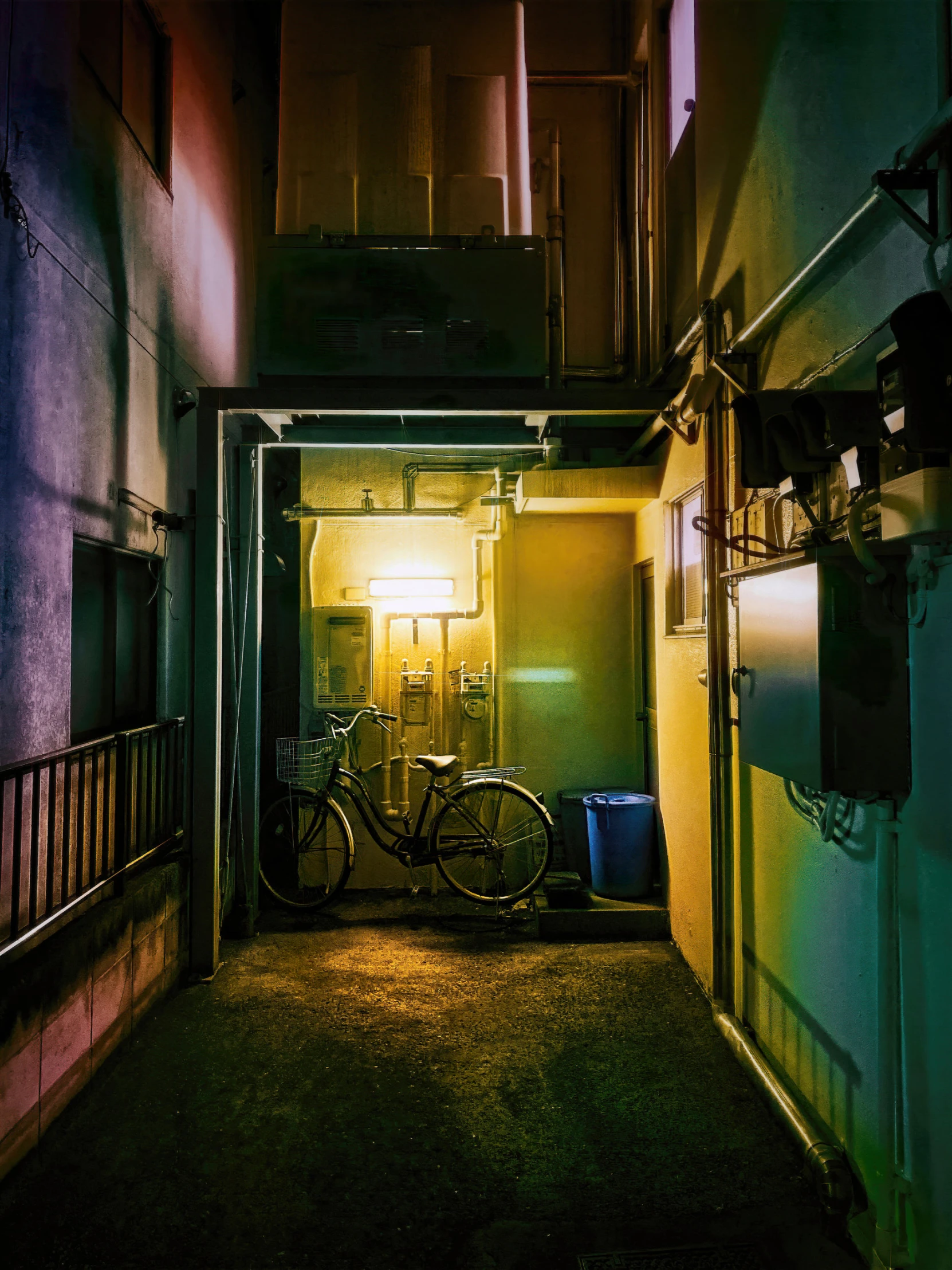 a bike in a rundown building at night