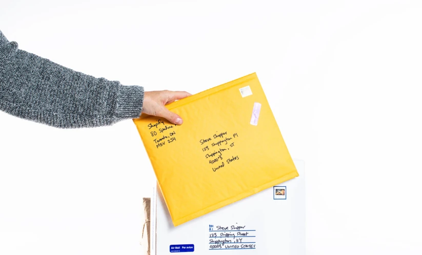 a person is holding an envelope with sticky notes on it