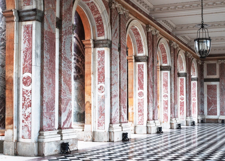 the interior wall and ceiling is painted in red and white colors