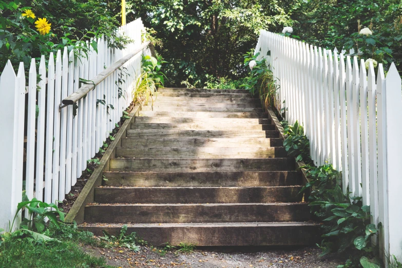 a stone path between white picket fence and green grass