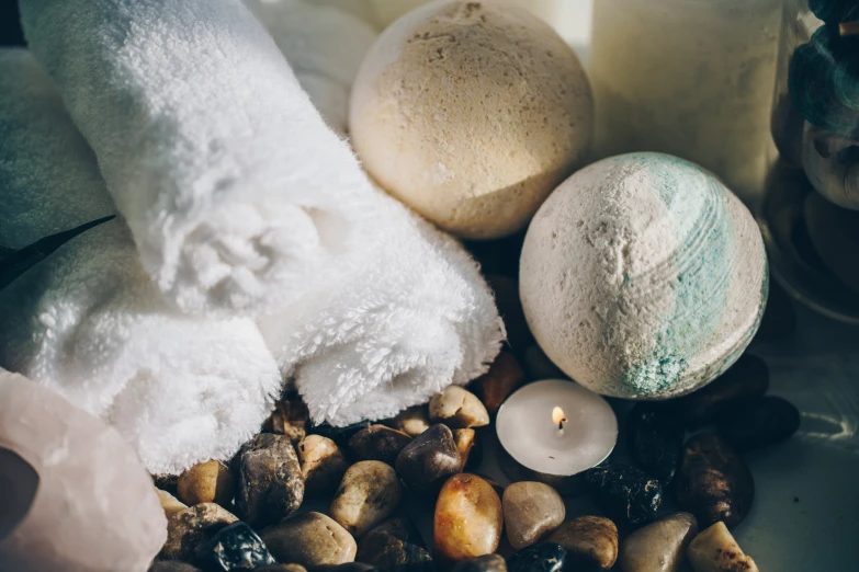 a table filled with various types of bath accessories