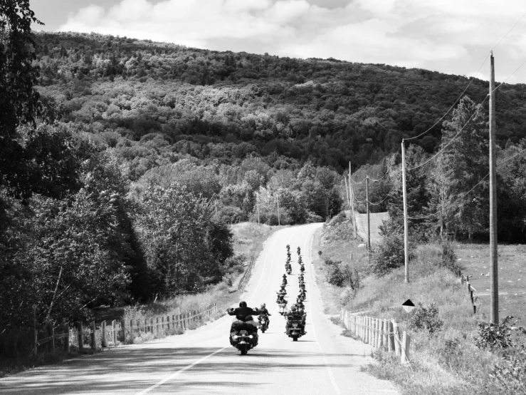 four motorcycle riders are driving down the road