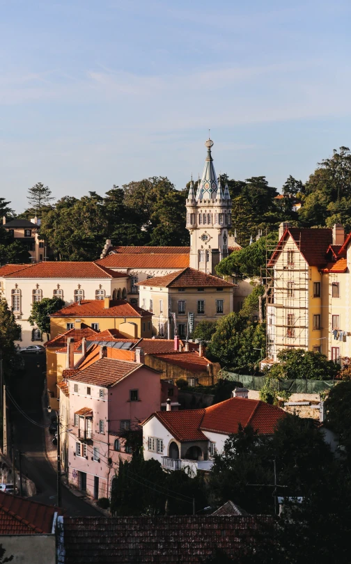 the rooftops and the buildings have many roofs