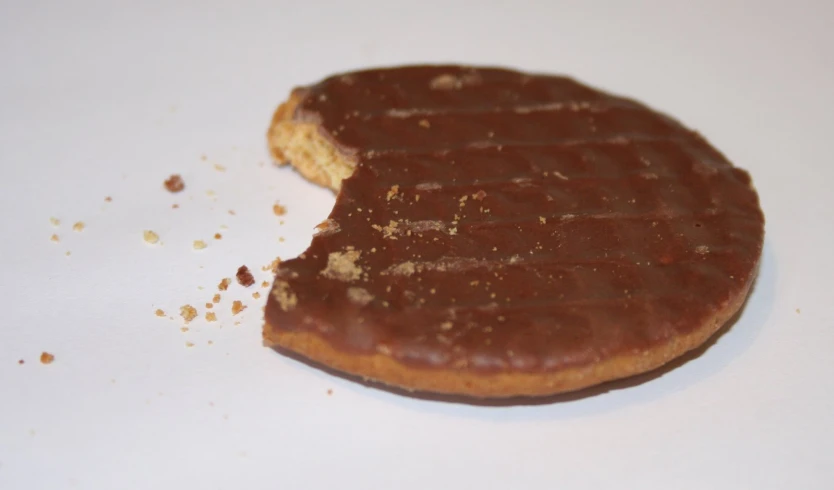 a chocolate cookie with pieces taken out of it