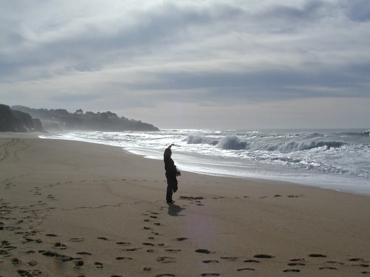 a person standing on the beach next to a wave