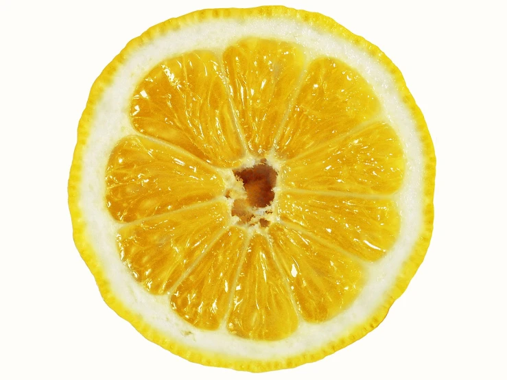 a large yellow citrus slice on a white background