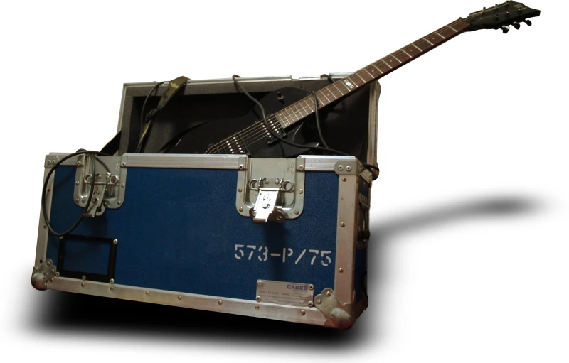 an unusual looking blue and silver case holding a guitar